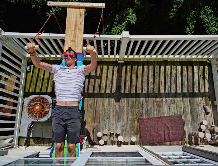After a day in the pond, Grothe retreats to his back-landing rig, in lieu of the gym.
